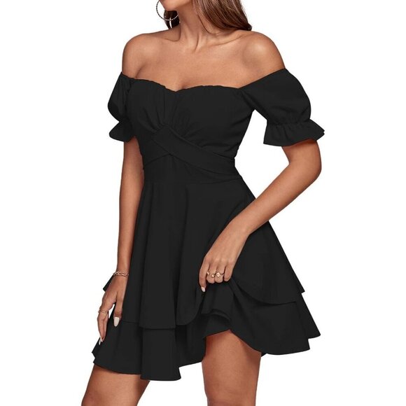 Women Black Tie Back Off Shoulder Wrap Layer Ruffle Short Sleeve Mini Dress - Picture 4 of 7